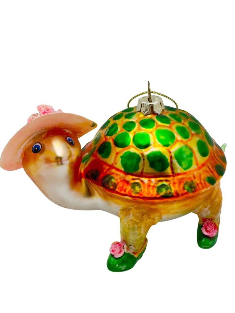 Hand-Painted Glass Turtle Ornament Hat & Roses 5 Inches Vintage Holiday Decor